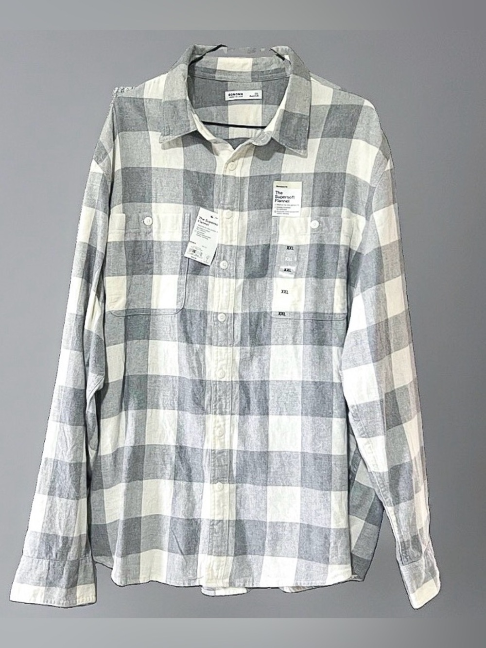 Sonoma Men's XXL Gray/White Plaid Flannel Cotton Button-Up Shirt Pockets